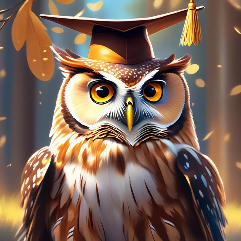 A wise owl with big round eyes, wearing a graduation cap. spreading wings, its feathers shimmering in the sunlight.