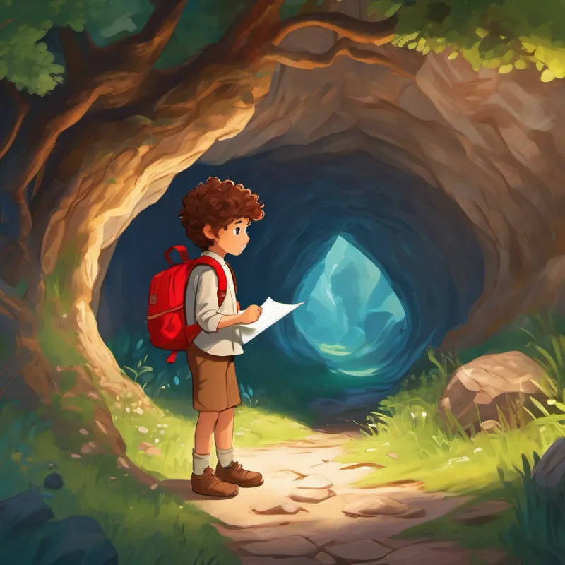 A small boy, curly brown hair, bright brown eyes, always carrying a red backpack finds a map in his tree, discovers 'Can-Do' Cave