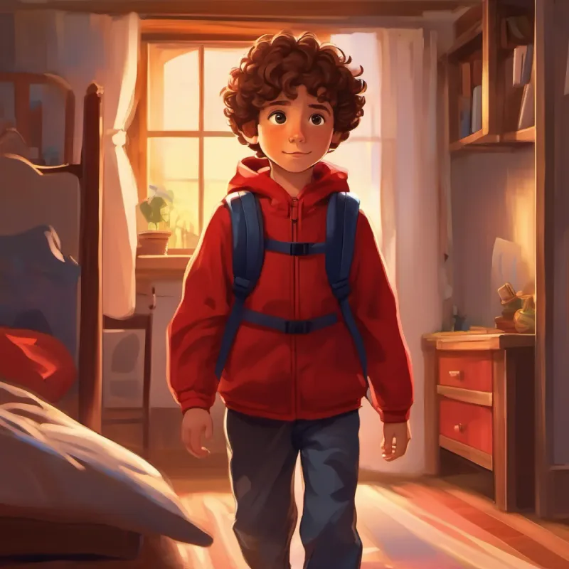 A small boy, curly brown hair, bright brown eyes, always carrying a red backpack decides to face his fear at bedtime