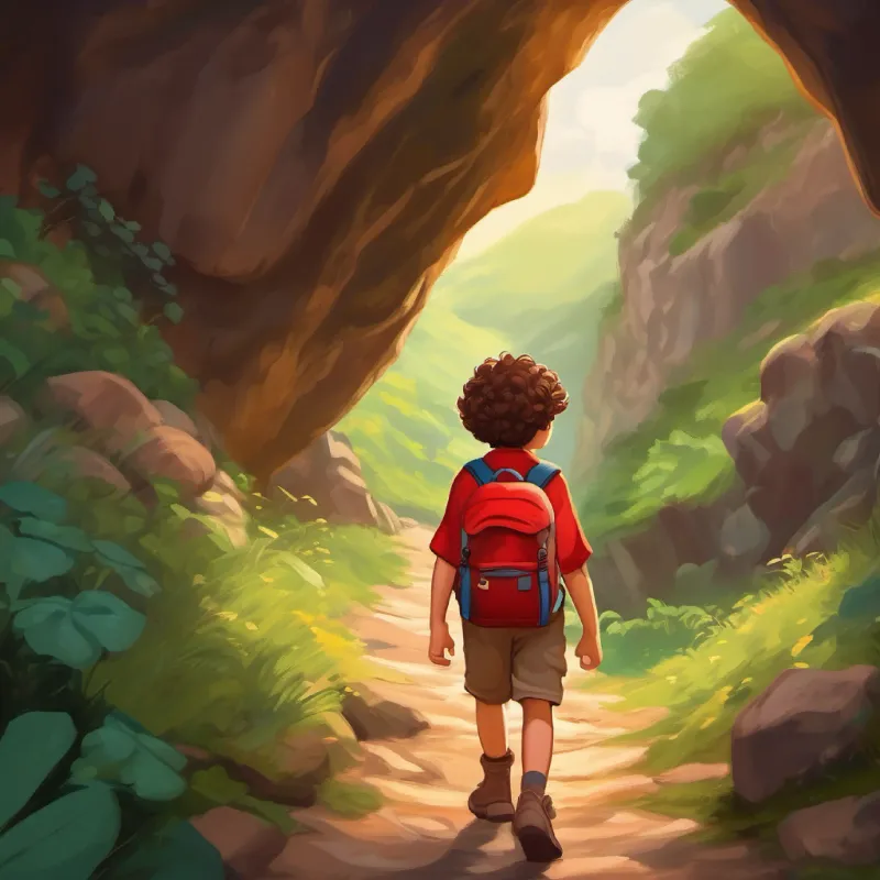 A small boy, curly brown hair, bright brown eyes, always carrying a red backpack sets out on his adventure to the cave
