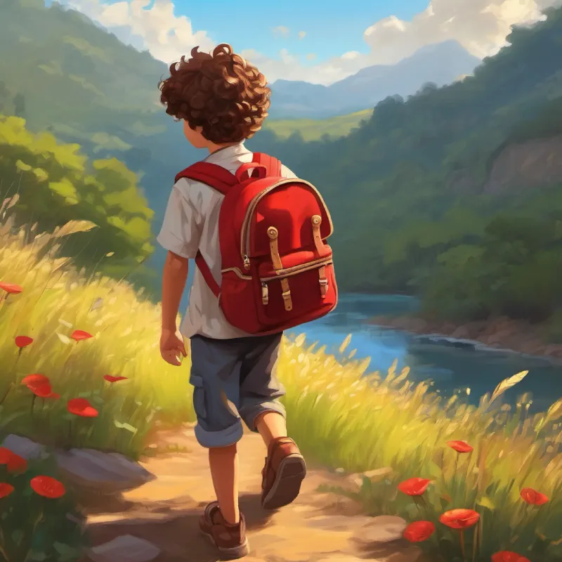 A small boy, curly brown hair, bright brown eyes, always carrying a red backpack finds treasure and realizes his bravery