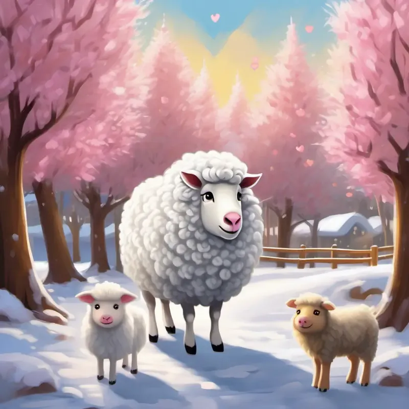 Blanca bolita (sheep) with curly white wool, brown eyes, Cerdito travieso (pig) with a pink snout, friendly brown eyes, and Lobo amigable (wolf) with gray fur, kind yellow eyes in a park with heart-shaped trees.