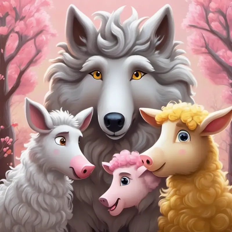 Lobo amigable (wolf) with gray fur, kind yellow eyes accidentally startles Blanca bolita (sheep) with curly white wool, brown eyes and Cerdito travieso (pig) with a pink snout, friendly brown eyes with a strong hug.