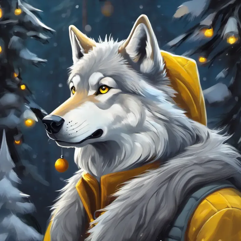 Lobo amigable (wolf) with gray fur, kind yellow eyes tries to reassure his friends, explaining his innocent intentions.