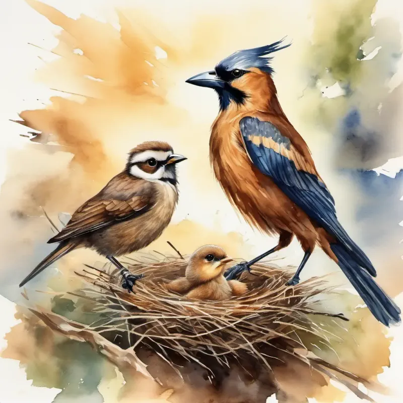 In the sky, the A majestic bird with brown feathers and a sharp beak sees a A small bird that is struggling to build its nest struggling to build a nest. The A majestic bird with brown feathers and a sharp beak helps by picking up twigs with its talons and placing them in the nest.