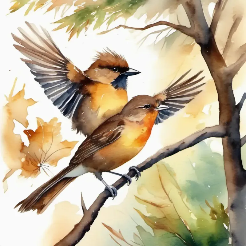 The A small bird that is struggling to build its nest is happy and thanks the A majestic bird with brown feathers and a sharp beak. They become friends and fly together in the forest.