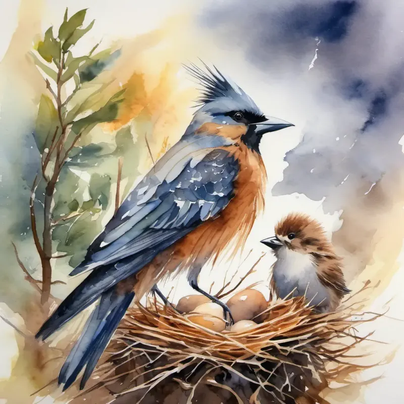 During a storm, the A majestic bird with brown feathers and a sharp beak protects the A small bird that is struggling to build its nest by covering it with its wings.