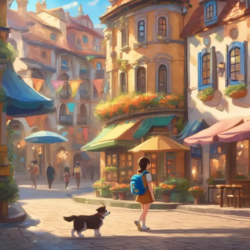 A whimsical town with colorful buildings and a lively little puppy named A sprightly little puppy with bright hazel eyes, a shiny blue backpack, and a cheerful demeanor bouncing amidst the town square.