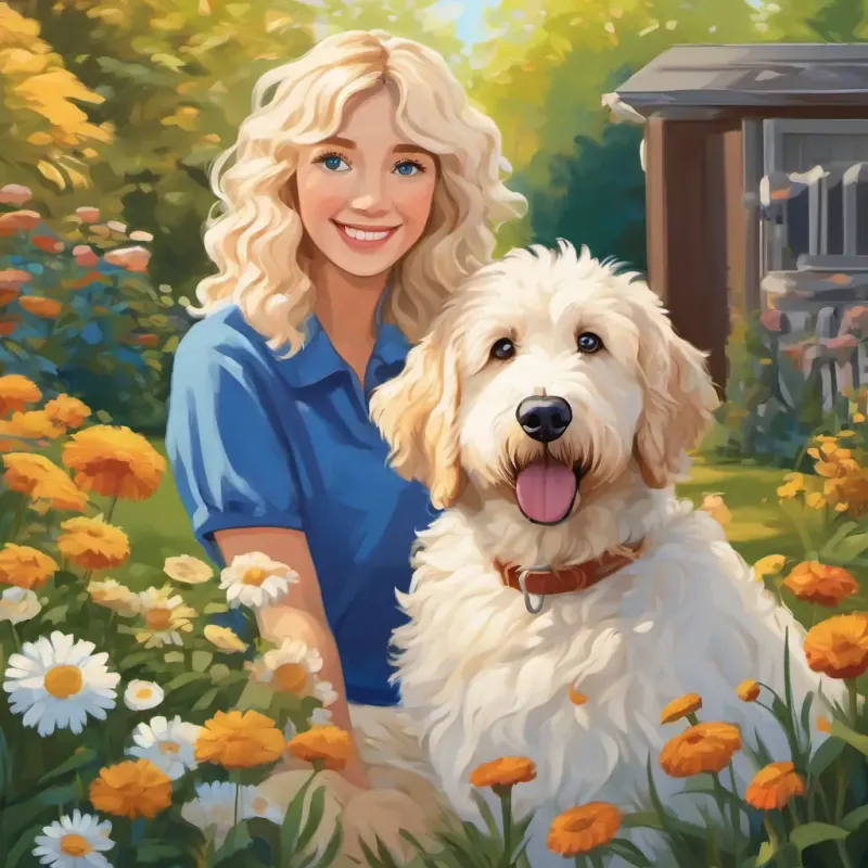 A picture of August has sunny blonde hair and blue eyes with blonde hair and Molly is a Pyredoodle dog with fluffy white fur and kind brown eyes, a Pyredoodle dog, in their backyard