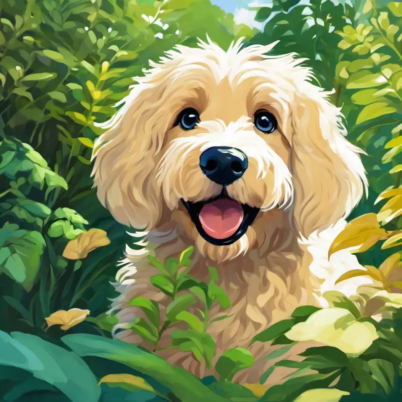 A picture of August has sunny blonde hair and blue eyes and Molly is a Pyredoodle dog with fluffy white fur and kind brown eyes peeking through the bushes, seeing frogs leaping