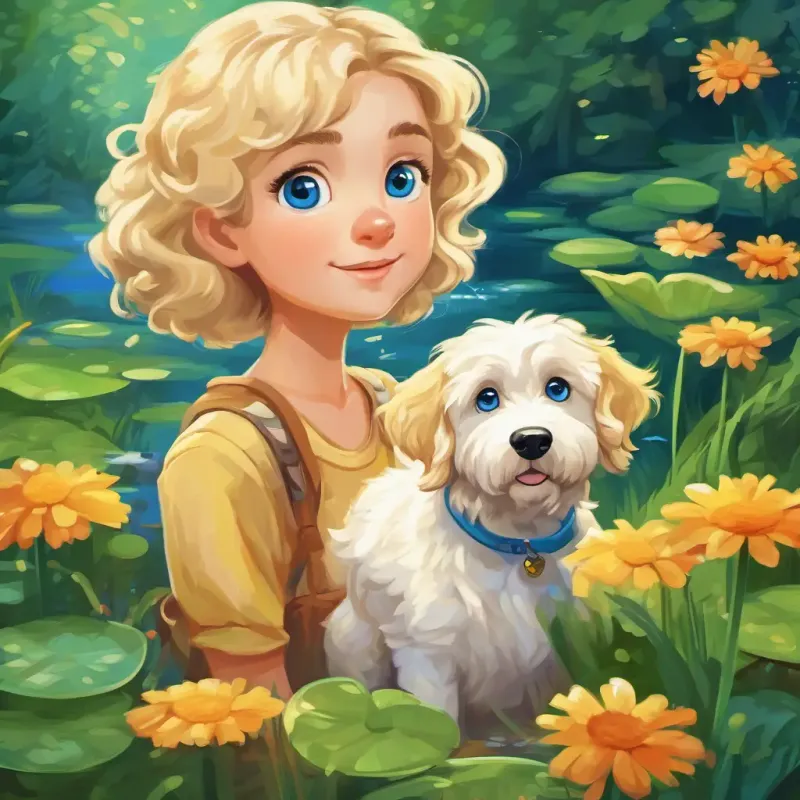 A picture of August has sunny blonde hair and blue eyes and Molly is a Pyredoodle dog with fluffy white fur and kind brown eyes watching the frogs, frogs of different colors and spots