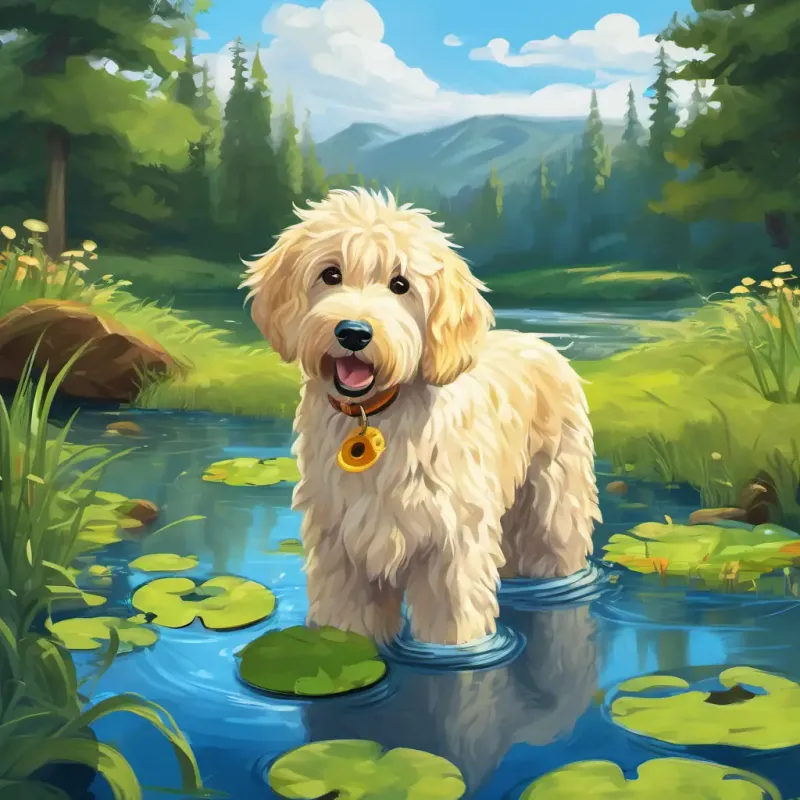 A picture of August has sunny blonde hair and blue eyes and Molly is a Pyredoodle dog with fluffy white fur and kind brown eyes digging a hole and creating a pond for the frogs