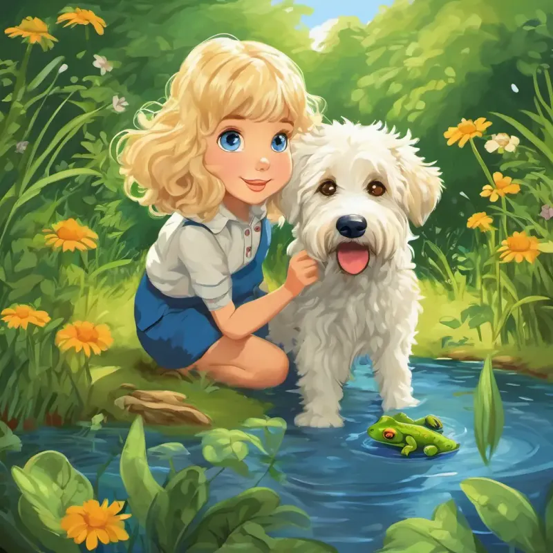 A picture of August has sunny blonde hair and blue eyes and Molly is a Pyredoodle dog with fluffy white fur and kind brown eyes feeding bugs to the frogs, frogs croaking happily