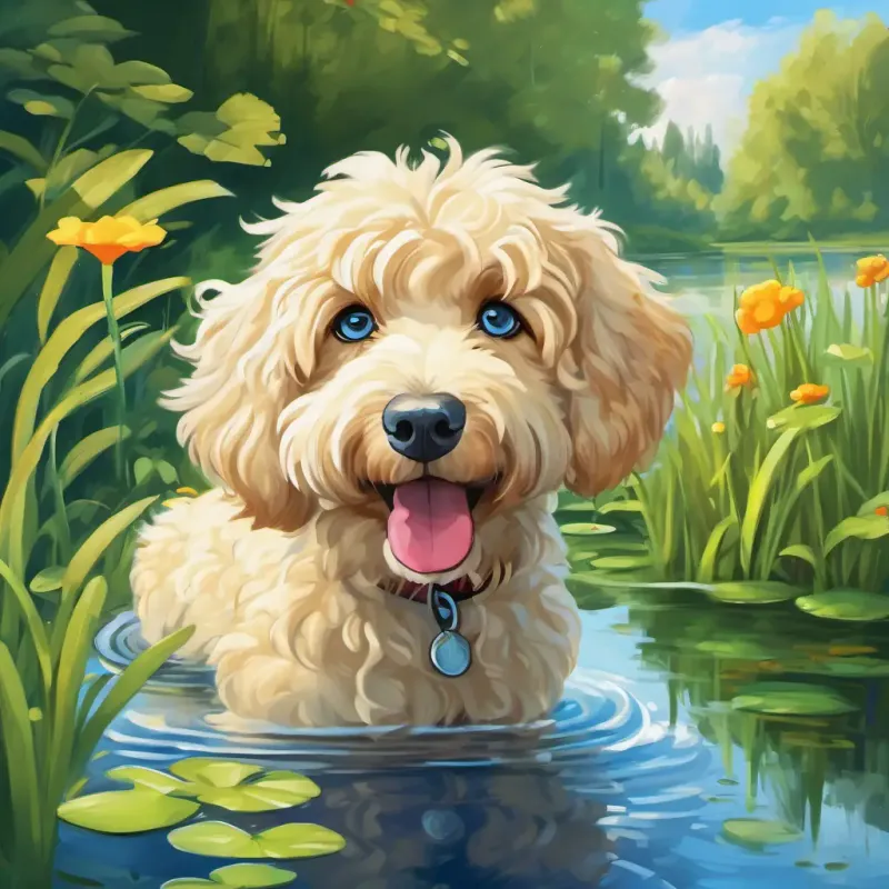 A picture of August has sunny blonde hair and blue eyes and Molly is a Pyredoodle dog with fluffy white fur and kind brown eyes saying goodnight to the frogs, frogs hopping into the pond