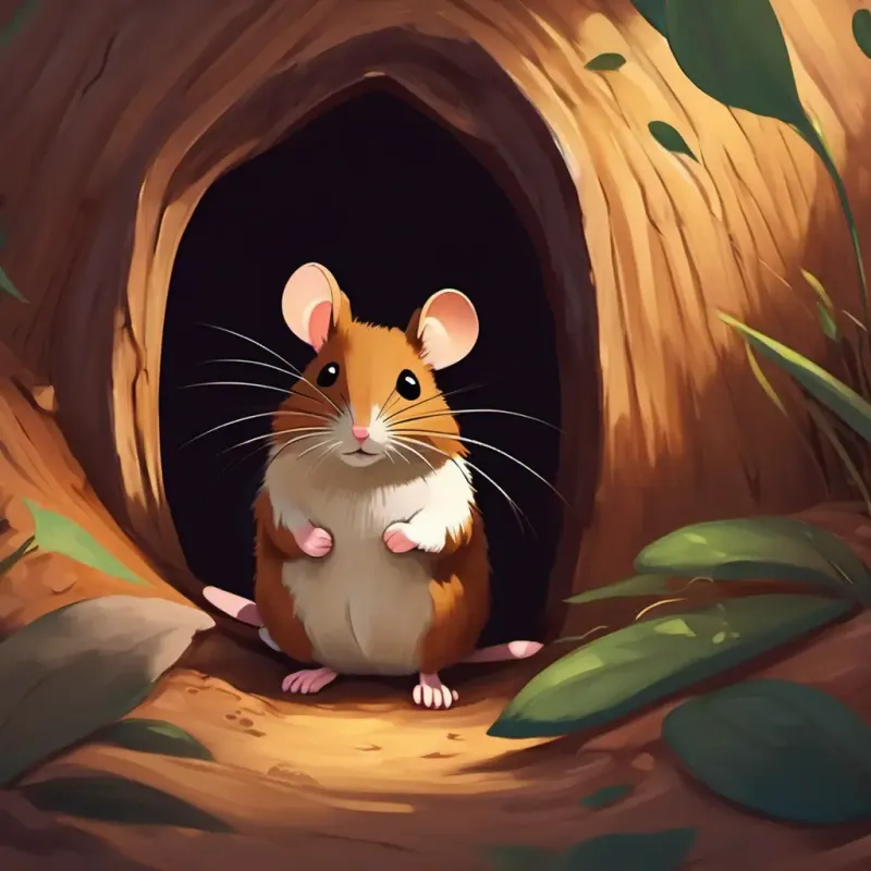 The mouse is small, brown, and has a long tail. It lives in a cozy burrow.