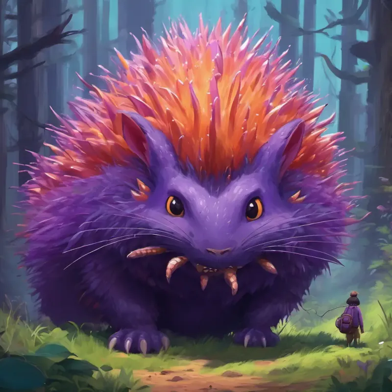 The Huge creature with purple prickles all over its back, initially scared of the mouse is a huge creature with purple prickles all over its back.