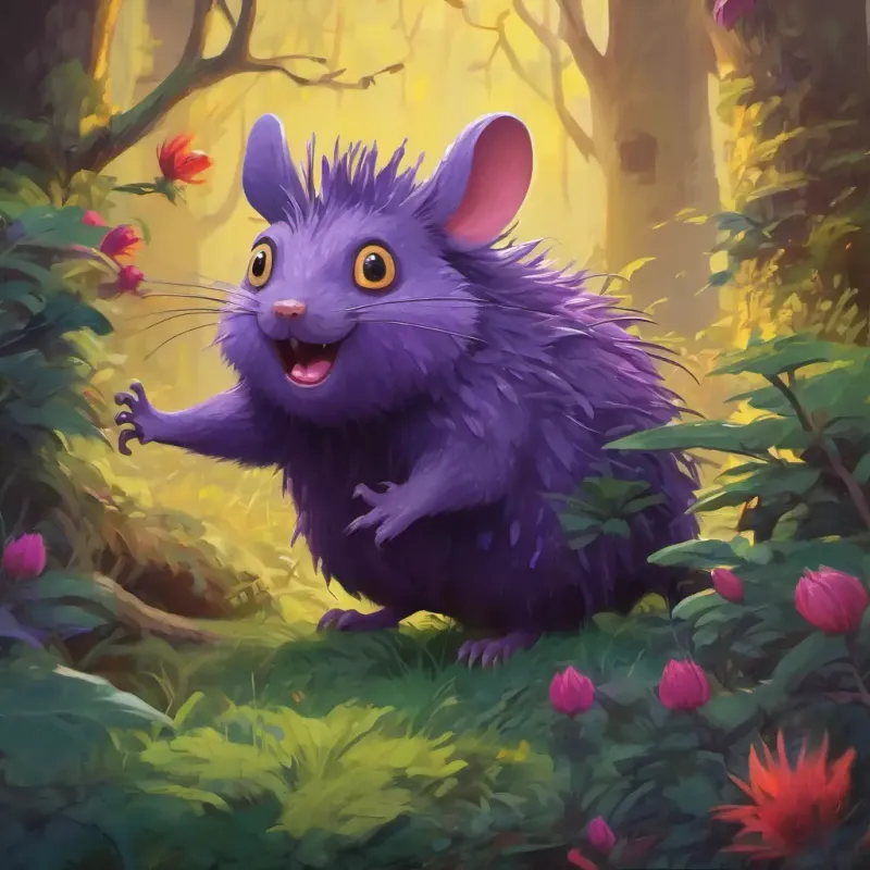 The Huge creature with purple prickles all over its back, initially scared of the mouse is initially frightened by the mouse's confidence.