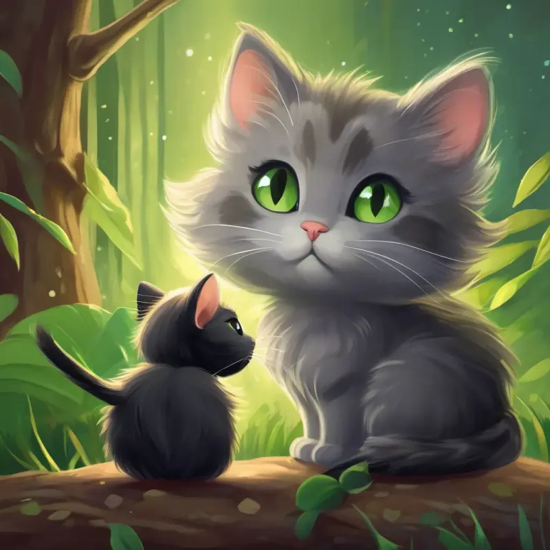 The deepening friendship between Cuddles: fluffy grey cat with bright green eyes and Squeak: tiny brown mouse with sparkling black eyes