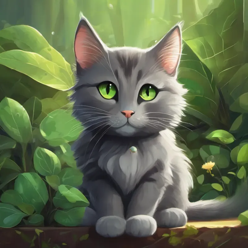 The enduring friendship and teamwork of Cuddles: fluffy grey cat with bright green eyes and Squeak: tiny brown mouse with sparkling black eyes