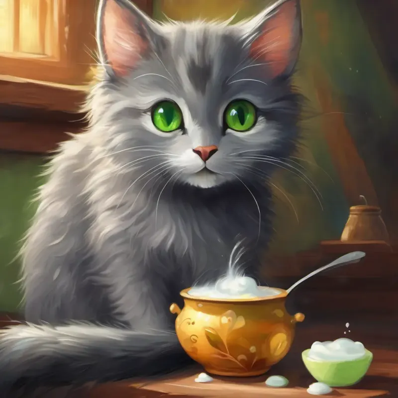 Cuddles: fluffy grey cat with bright green eyes and Squeak: tiny brown mouse with sparkling black eyes sharing milk and conversation