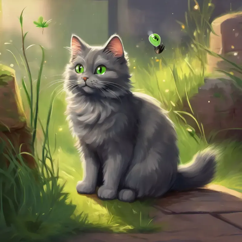 Cuddles: fluffy grey cat with bright green eyes showing concern for his friend Squeak: tiny brown mouse with sparkling black eyes