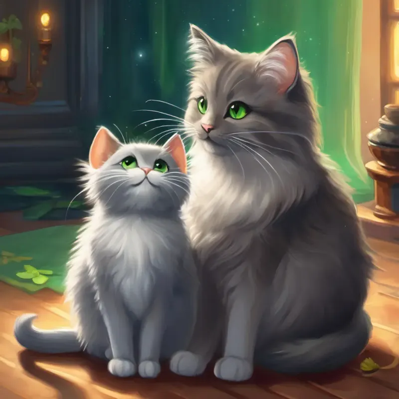 Cuddles: fluffy grey cat with bright green eyes reassuring Squeak: tiny brown mouse with sparkling black eyes and proposing a search