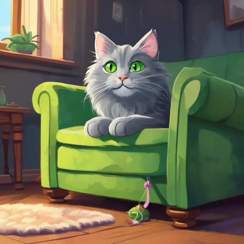 Cuddles: fluffy grey cat with bright green eyes spotting the lost string under the couch