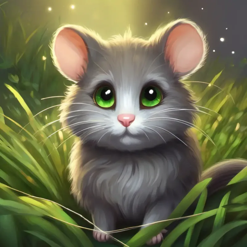 Squeak: tiny brown mouse with sparkling black eyes grateful for Cuddles: fluffy grey cat with bright green eyes' help in finding the string