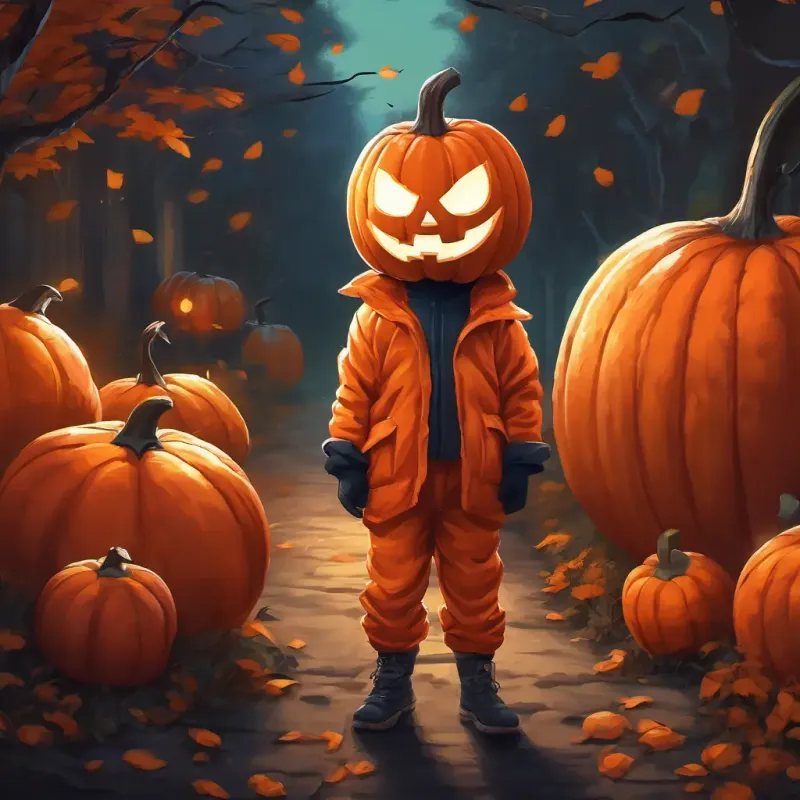 A boy dressed as a pumpkin, with an orange suit and a big pumpkin mask dressed as a pumpkin, wearing an orange suit and a big pumpkin mask.