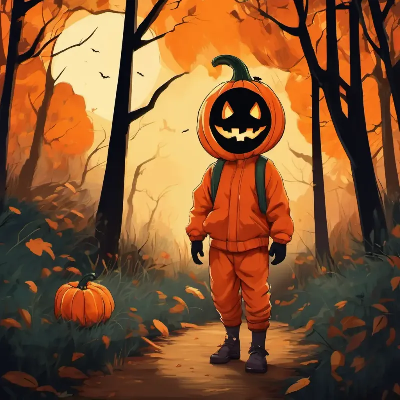 A boy dressed as a pumpkin, with an orange suit and a big pumpkin mask looking scared and lost in the dark woods.