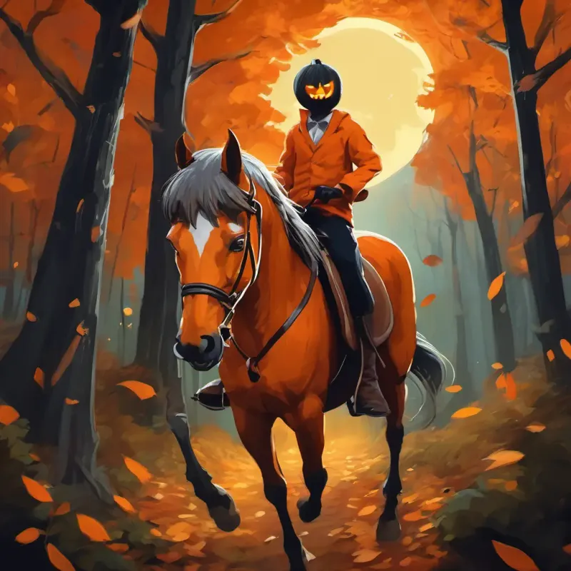 A boy dressed as a pumpkin, with an orange suit and a big pumpkin mask seeing the A spooky figure riding a horse, without a head Scary! riding a horse in the dark woods.