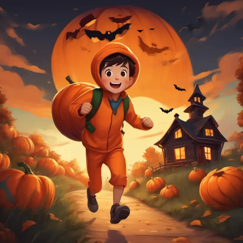A boy dressed as a pumpkin, with an orange suit and a big pumpkin mask running towards his cabin, looking relieved and scared at the same time.