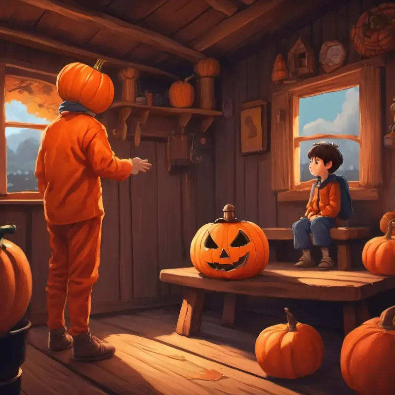 A boy dressed as a pumpkin, with an orange suit and a big pumpkin mask talking to his mother in their cabin, looking guilty.