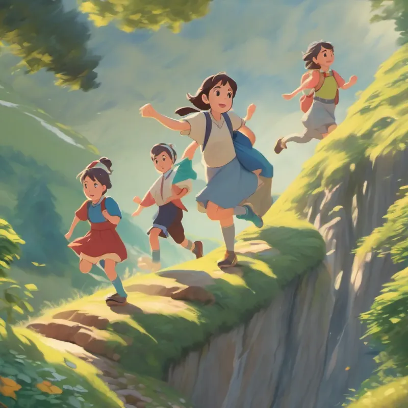 Emmy and her group skipping down the mountain, leaving playful sock footprints behind them