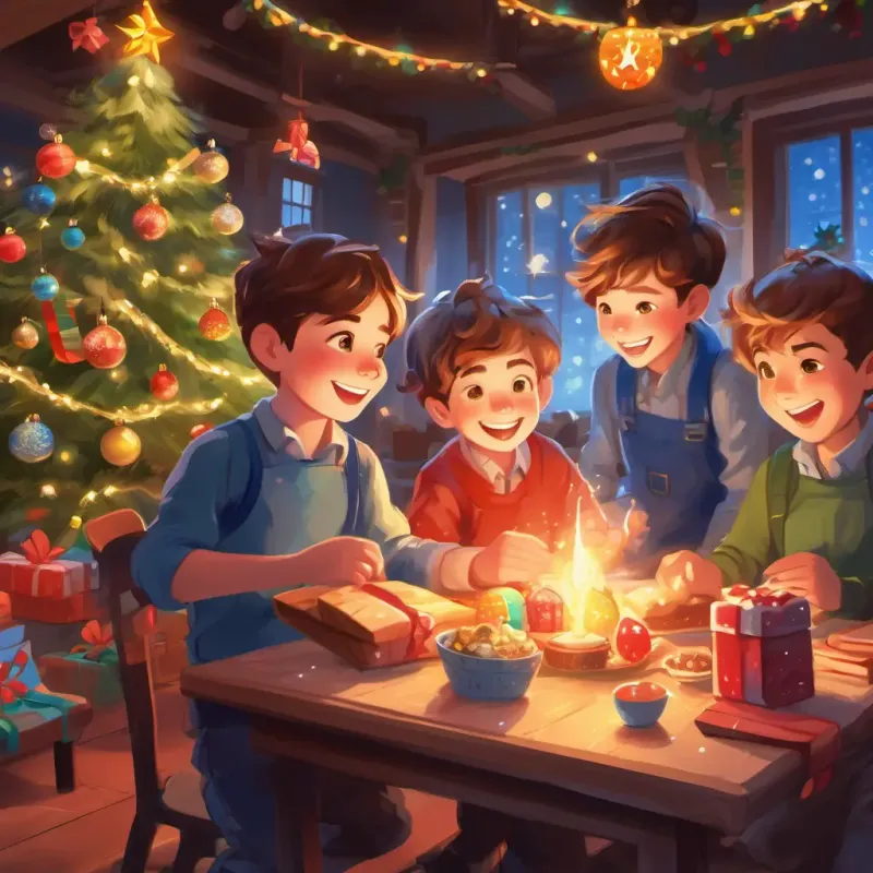 A boy with rosy cheeks, sparkling blue eyes, and a bright smile and his friends preparing for Christmas, creating a jolly and cheerful atmosphere.