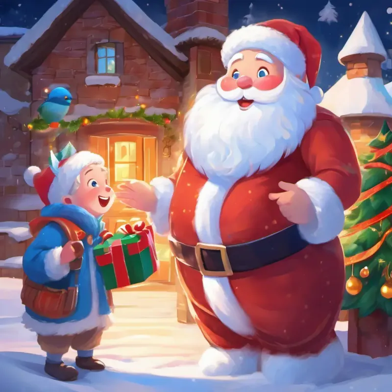 Christmas morning joy as A boy with rosy cheeks, sparkling blue eyes, and a bright smile discovers the wonderful gifts from A jolly man with a big belly, rosy cheeks, and a fluffy white beard.