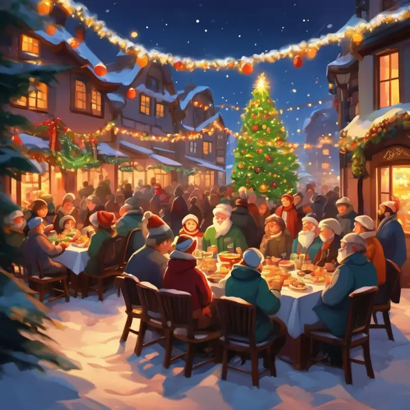 The town celebrating Christmas with a festive feast, bringing everyone together in merry spirits.