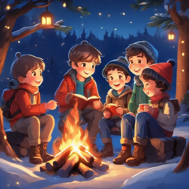 Evening activities of A boy with rosy cheeks, sparkling blue eyes, and a bright smile and his friends, enjoying the Christmas night by the campfire.