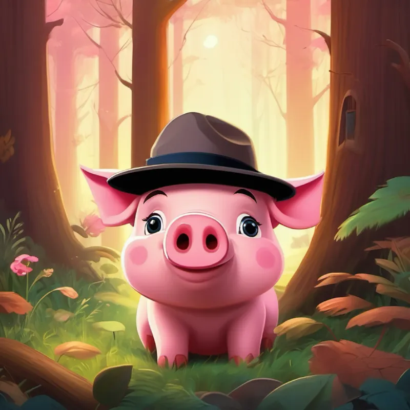 A small pink pig with a brown detective hat starts investigating and questioning the forest animals for clues