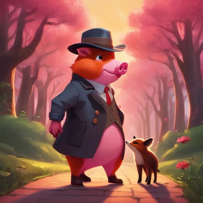 A small pink pig with a brown detective hat's discovery of clues and bravery in confronting A sleek red fox with a friendly smile