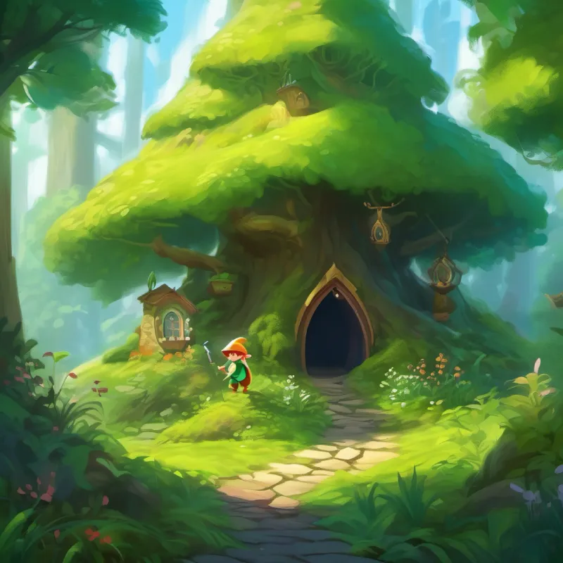 Introduction to the magical forest and Young elf with big curious eyes, green, pointy ears, playful's home.