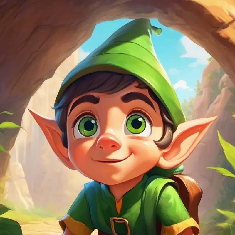 Young elf with big curious eyes, green, pointy ears, playful starts his day and decides to go on an adventure.