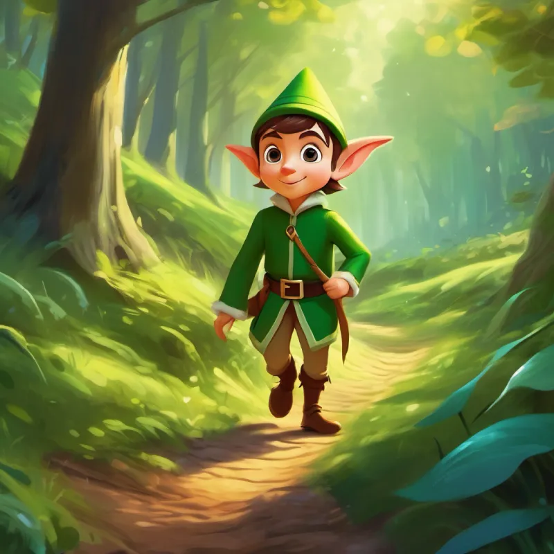Young elf with big curious eyes, green, pointy ears, playful discovers a clearing and decides to follow fairy tracks.