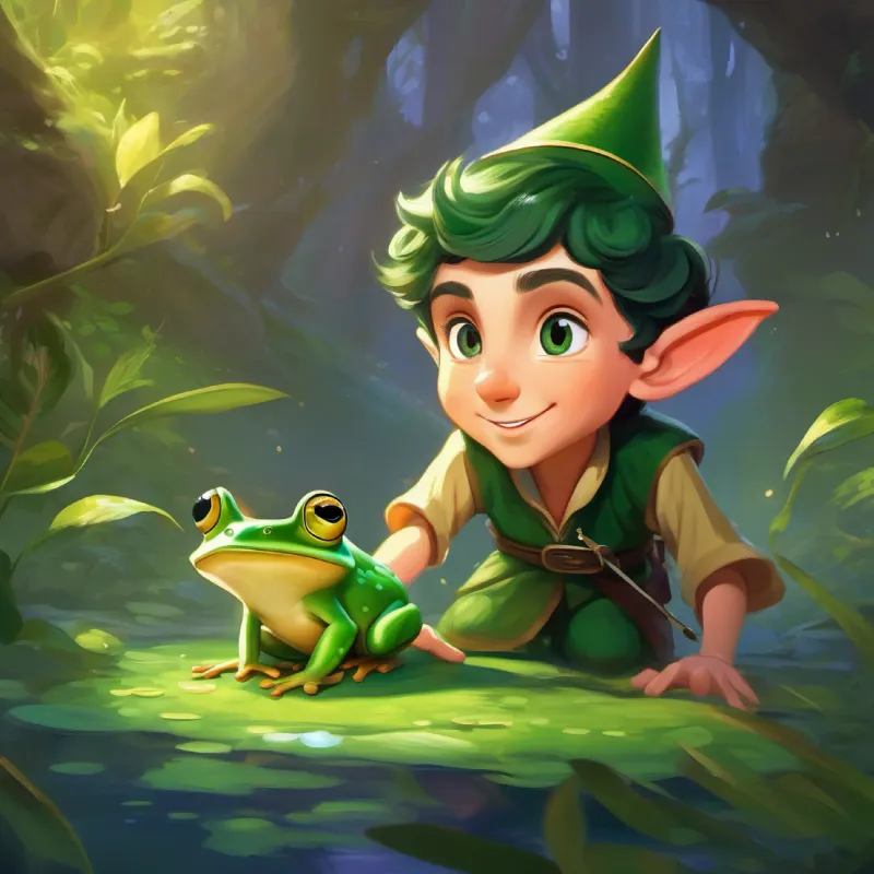 Young elf with big curious eyes, green, pointy ears, playful meets a frog prince and breaks a spell with his smile.