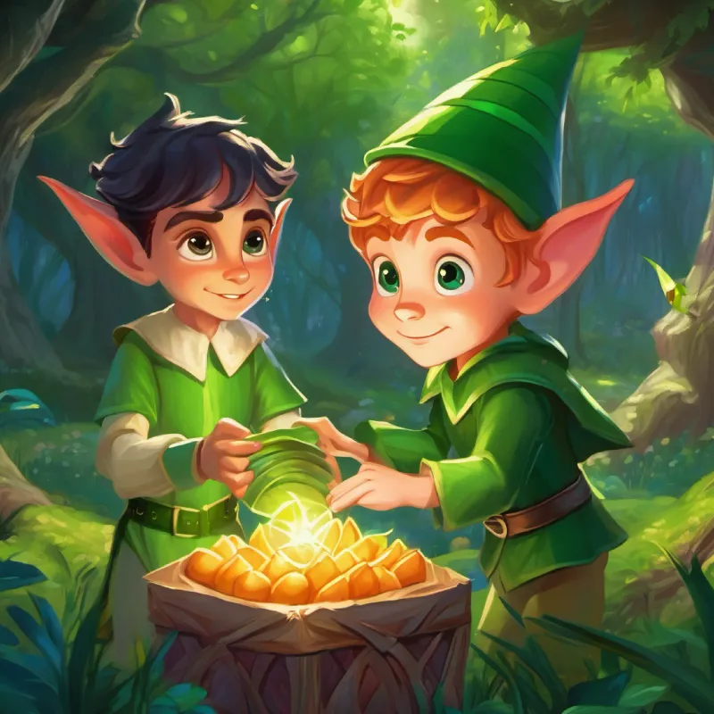 Young elf with big curious eyes, green, pointy ears, playful receives a gift from the prince and discovers a fairy party grove.
