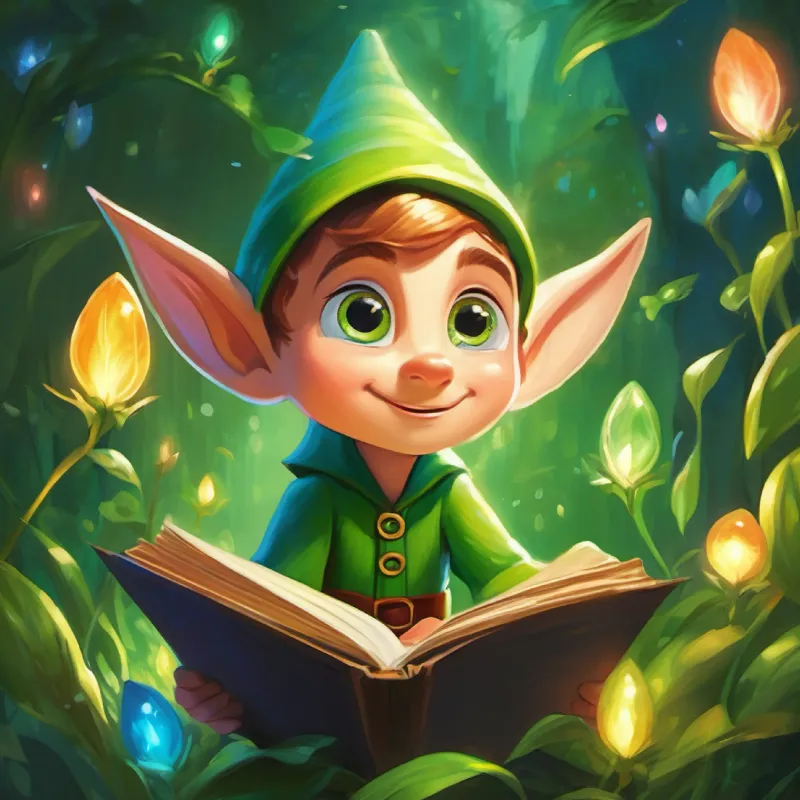 Young elf with big curious eyes, green, pointy ears, playful joins the fairies' party and learns about the magic of joy.