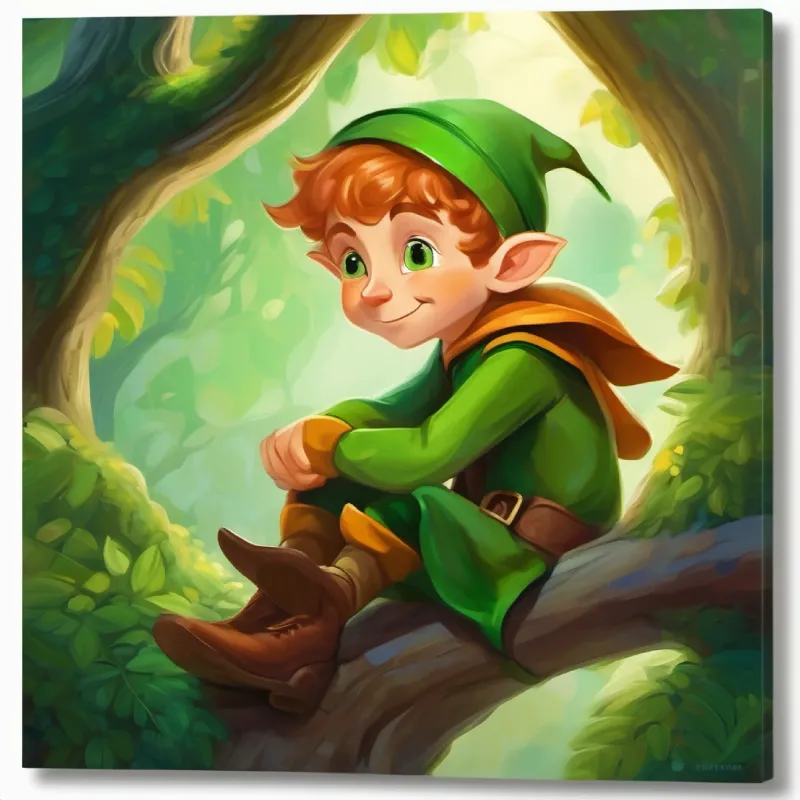 Young elf with big curious eyes, green, pointy ears, playful returns home and falls asleep, happy with his adventurous day.