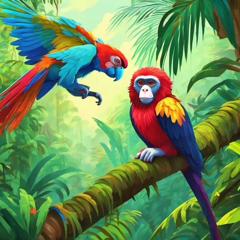 Monkey finding a colorful parrot in the rainforest