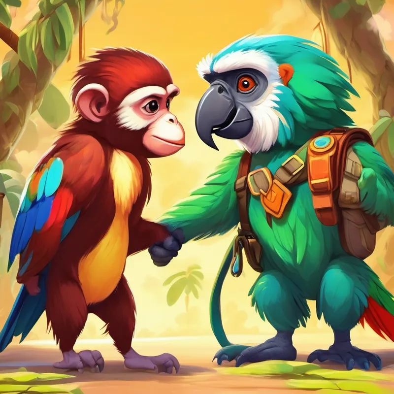 Monkey and parrot shaking hands, ready for an adventure