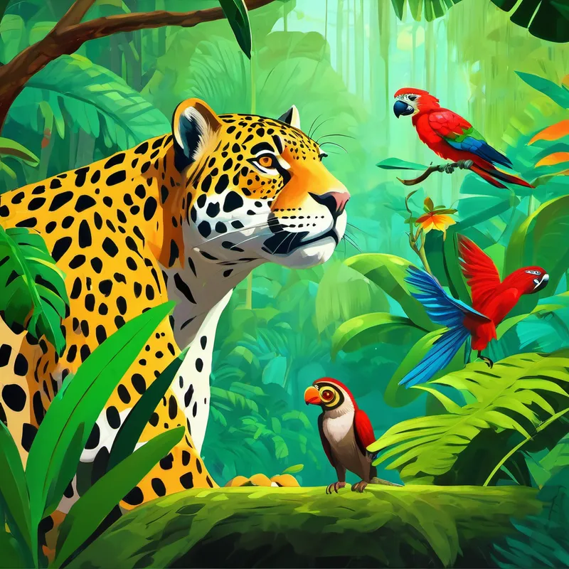 Jaguar with monkey and parrot, searching in the rainforest
